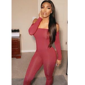 Soothe off shoulder jumpsuit- burgundy